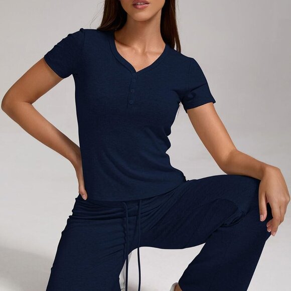 Navy Women's 2 Piece Lounge Set Slim Short Sleeve Top Elastic Waist Straight Leg - Picture 4 of 5